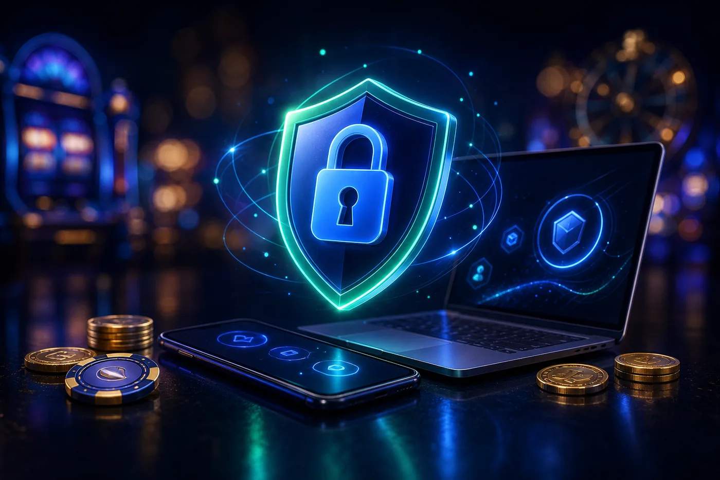 Escudo de protección de datos sobre un teléfono y un portátil